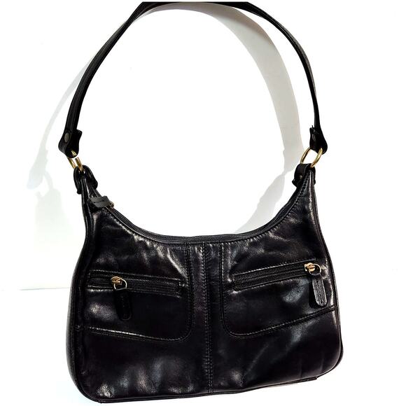 Fossil Vintage Black Leather Handbag 2 Zip Front 1 inside Zip w/Certificate Chic - Picture 1 of 10
